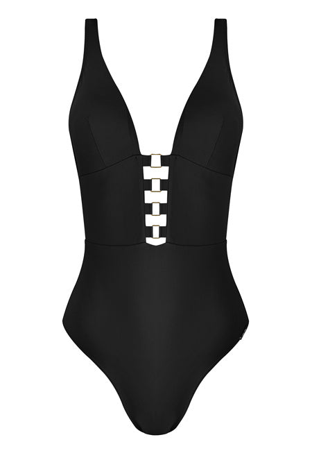 Bañador negro sin aros con escote profundo y anillas metálicas Dolores Cortés