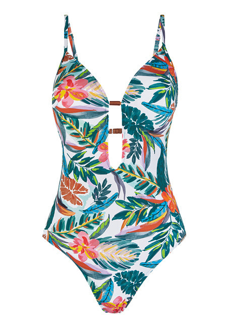 Bañador estampado tropical sin aros con escote profundo Dolores Cortés