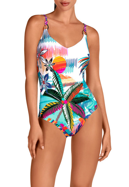Bañador sin aros con estampado tropical sobre fondo blanco Dolores Cortés