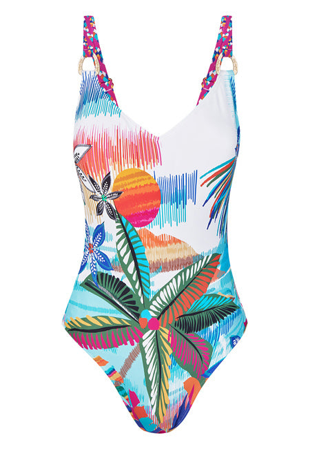 Bañador sin aros con estampado tropical sobre fondo blanco Dolores Cortés