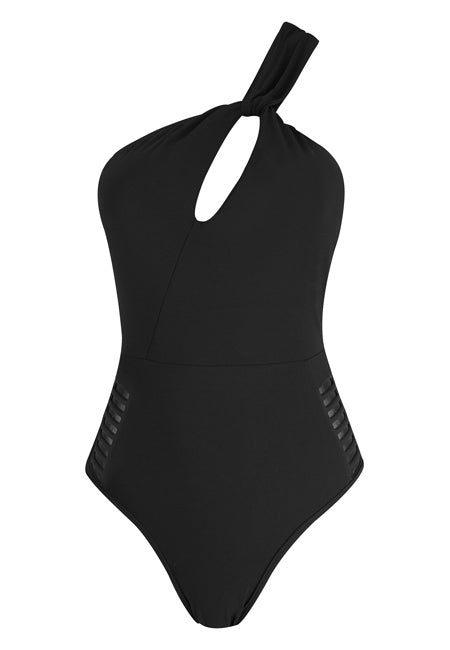 Bañador negro sin aros reductor con tirantes asimétricos  Dolores Cortés