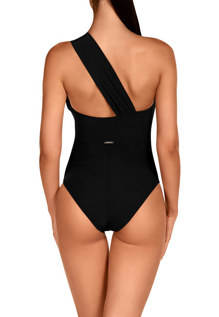 Bañador negro sin aros reductor con tirantes asimétricos  Dolores Cortés