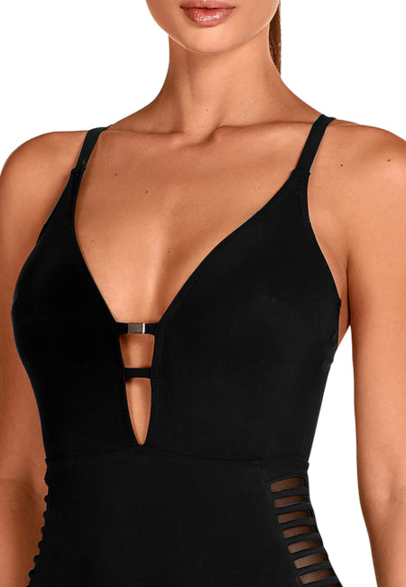 Bañador reductor negro con escote profundo y laterales semitransparentes Dolores Cortés