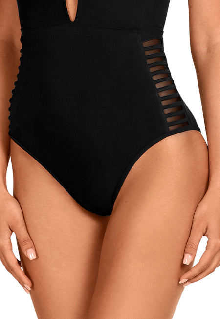 Bañador reductor negro con escote profundo y laterales semitransparentes Dolores Cortés