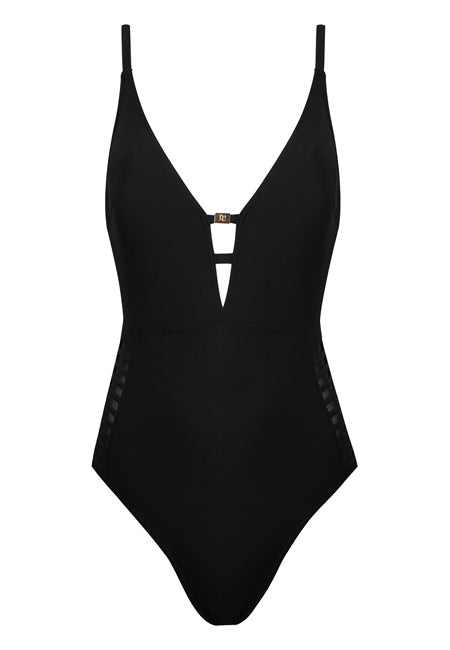 Bañador reductor negro con escote profundo y laterales semitransparentes Dolores Cortés