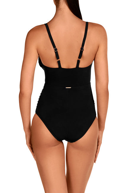 Bañador reductor negro con escote profundo y laterales semitransparentes Dolores Cortés