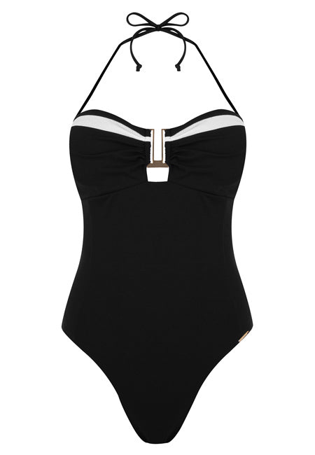 Bañador reductor escote bandeau negro con detalles blancos  Dolores Cortés