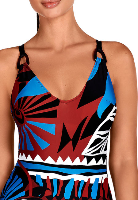 Bañador reductor estampado marrones y azules Dolores Cortés