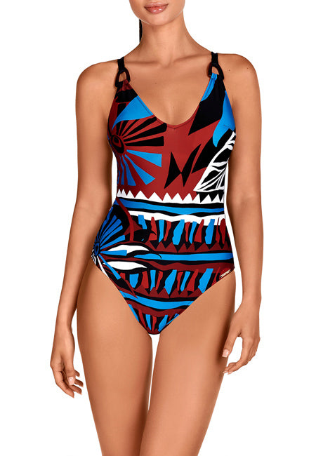 Bañador reductor estampado marrones y azules Dolores Cortés