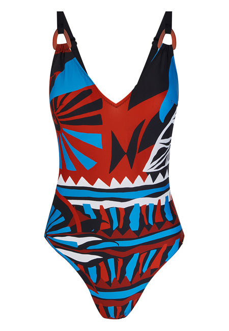 Bañador reductor estampado marrones y azules Dolores Cortés