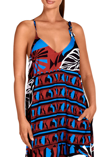 Vestido de playa largo en tejido semi transparente estampado Dolores Cortés
