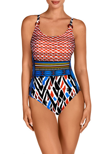 Bañador reductor escote cuadrado estampado marrones y azules Dolores Cortés