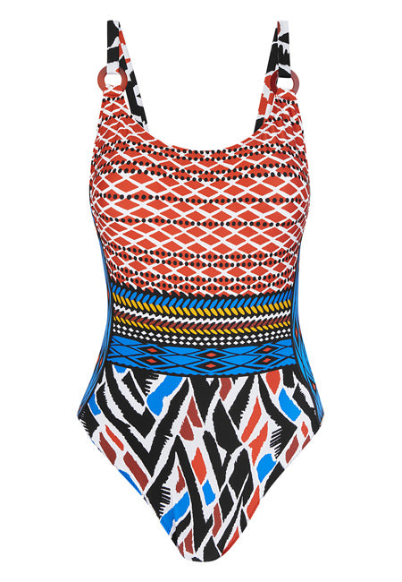 Bañador reductor escote cuadrado estampado marrones y azules Dolores Cortés