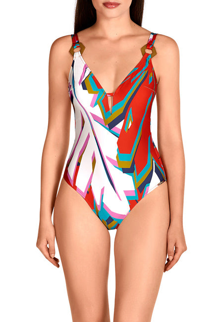 Bañador reductor estampado hojas fondo blanco escote pico Dolores Cortés