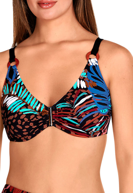 Bikini con aros REDUCTOR estampado hojas tonos marrones Dolores Cortés copa D