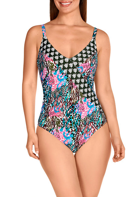 Bañador reductor estampados combinados con frontal cruzado Dolores Cortés