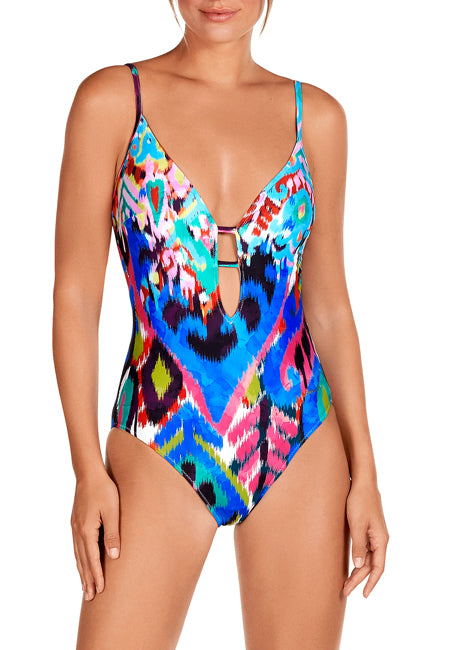 Bañador SOFT CONTROL estampado azules escote en uve Dolores Cortés