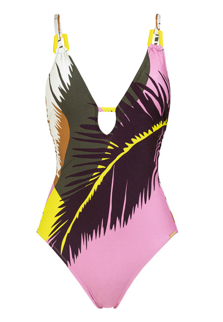 Bañador SOFT CONTROL escote en uve estampado hojas Dolores Cortés
