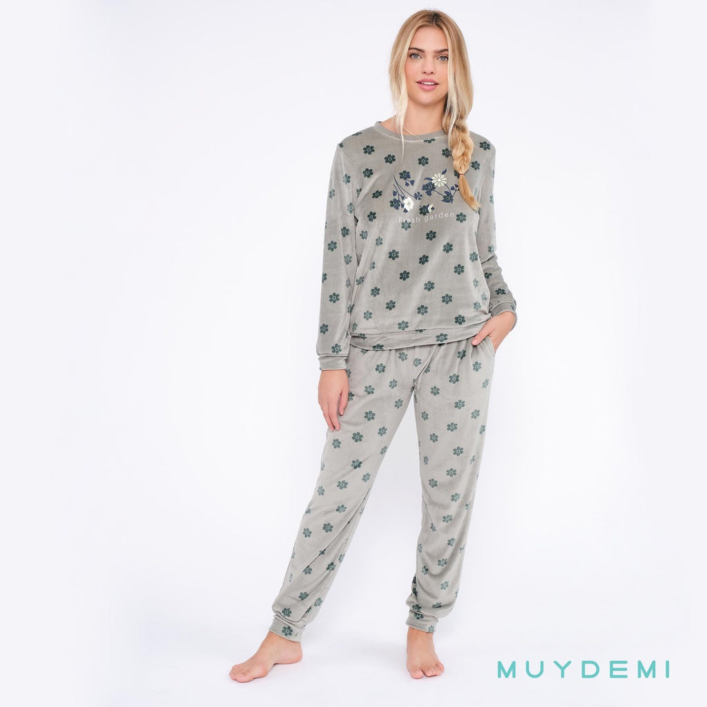 Pijama mujer micro coralina elástica SLEEP FLOWERS MUYDEMI hasta talla 4XL