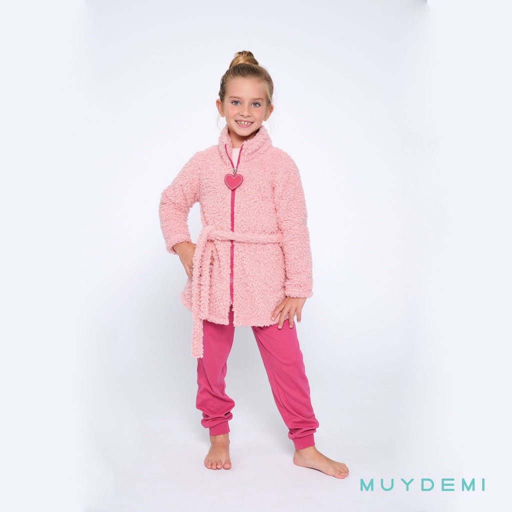 Bata de niña borreguillo rosa con cremallera y cinturón MUYDEMI