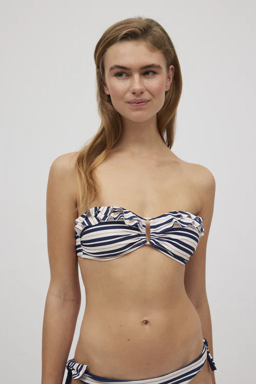Top bikini bandeau con aros estampado rayas bronce y marino COMBINABLE YSABEL MORA