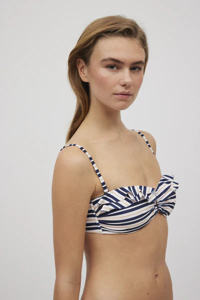 Top bikini bandeau con aros estampado rayas bronce y marino COMBINABLE YSABEL MORA