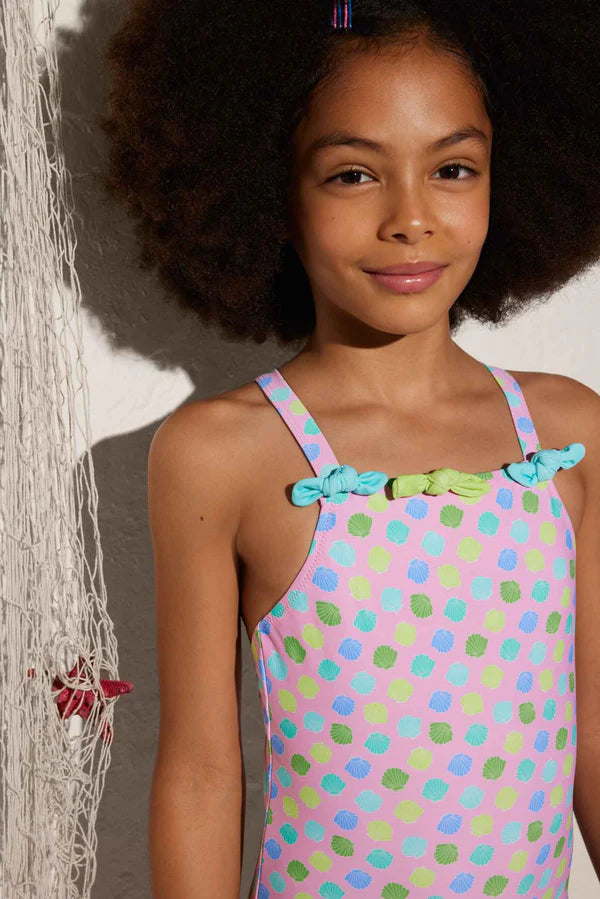 Bañador niña espalda cruzada estampado conchas Ysabel Mora