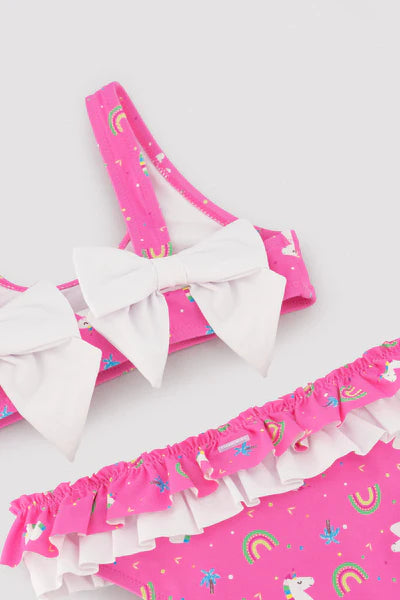 Bikini niña detalle volantes y lazos estampado unicornios Ysabel Mora