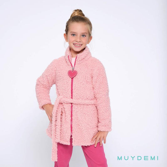 Bata de niña borreguillo rosa con cremallera y cinturón MUYDEMI