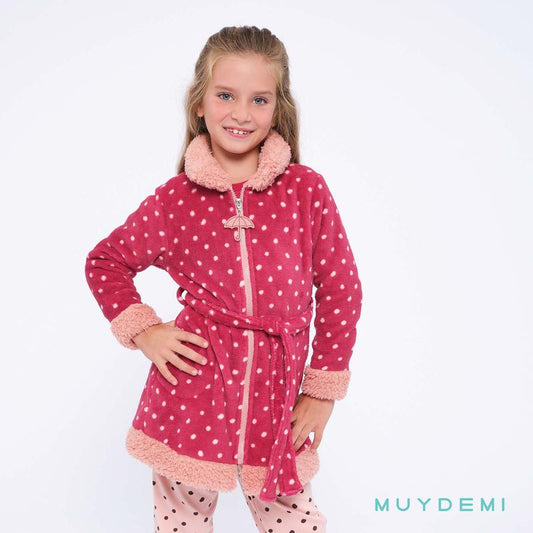 Bata de niña coralina estampado lunares con cremallera y cinturón MUYDEMI