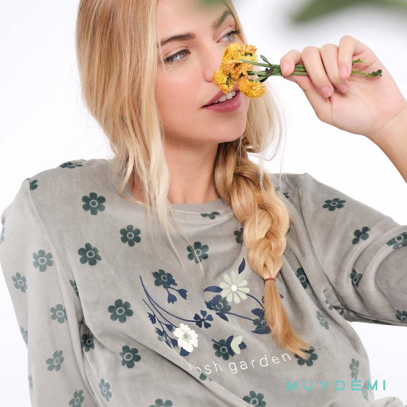 Pijama mujer micro coralina elástica SLEEP FLOWERS MUYDEMI hasta talla 4XL