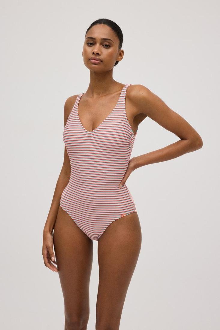 Bañador escote asimétrico copa B estampado rayas con brillo YSABEL MORA