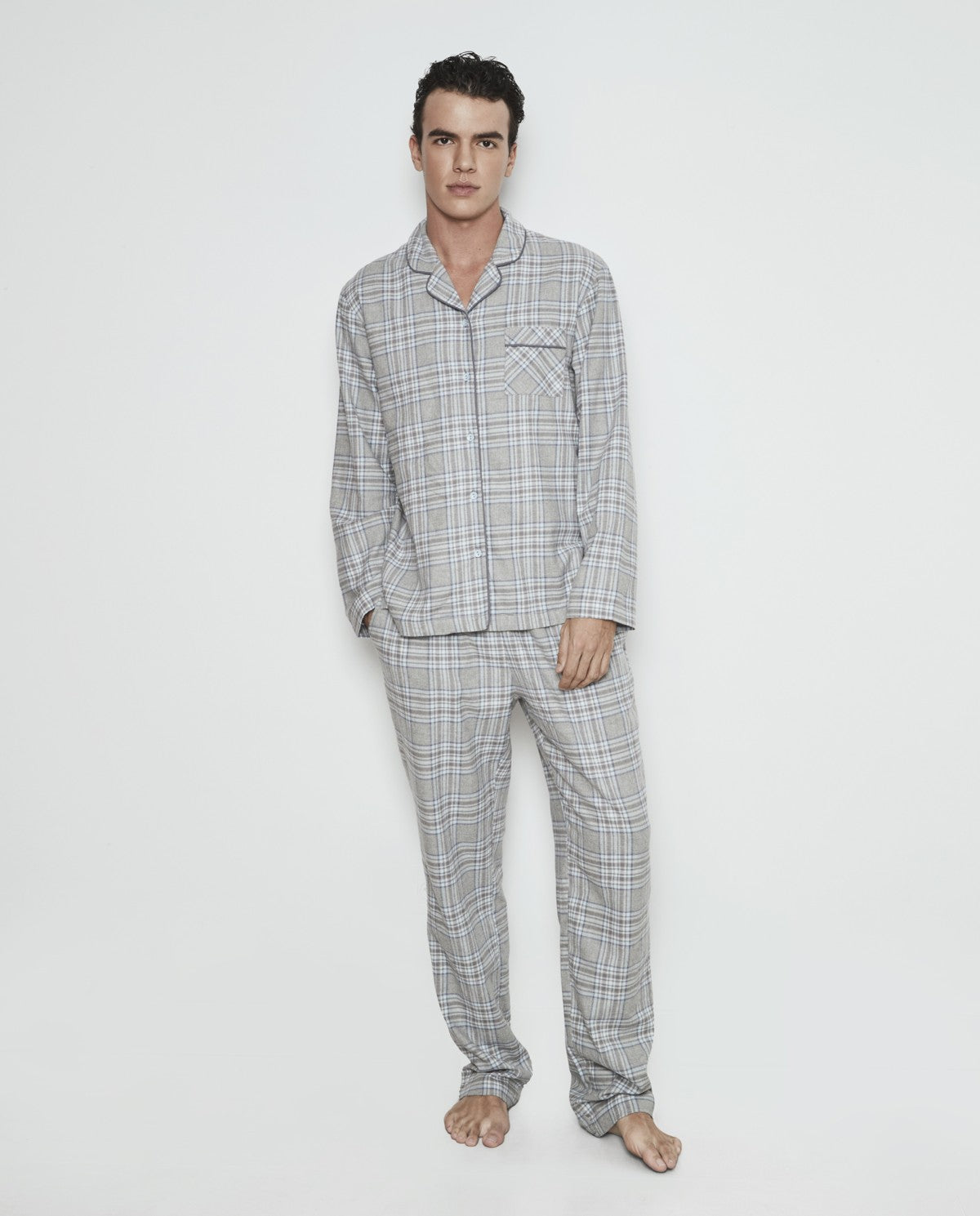 Pijama hombre abierto estampado cuadros franela 100% algodón Selmark