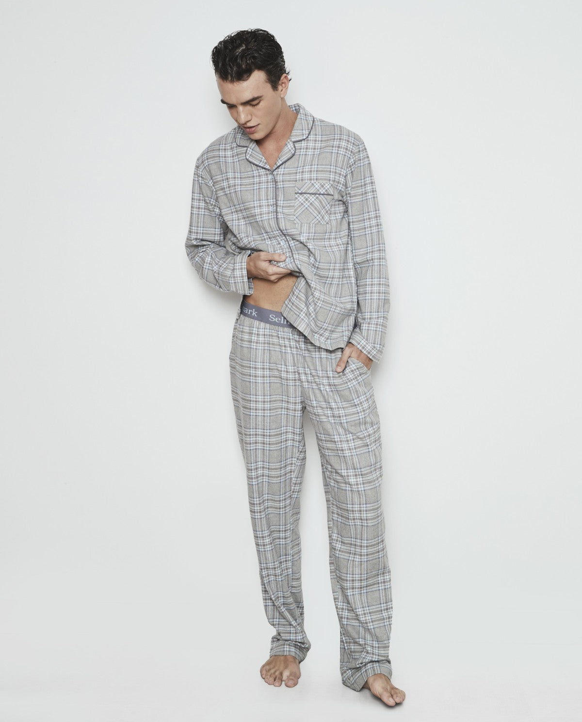 Pijama hombre abierto estampado cuadros franela 100% algodón Selmark