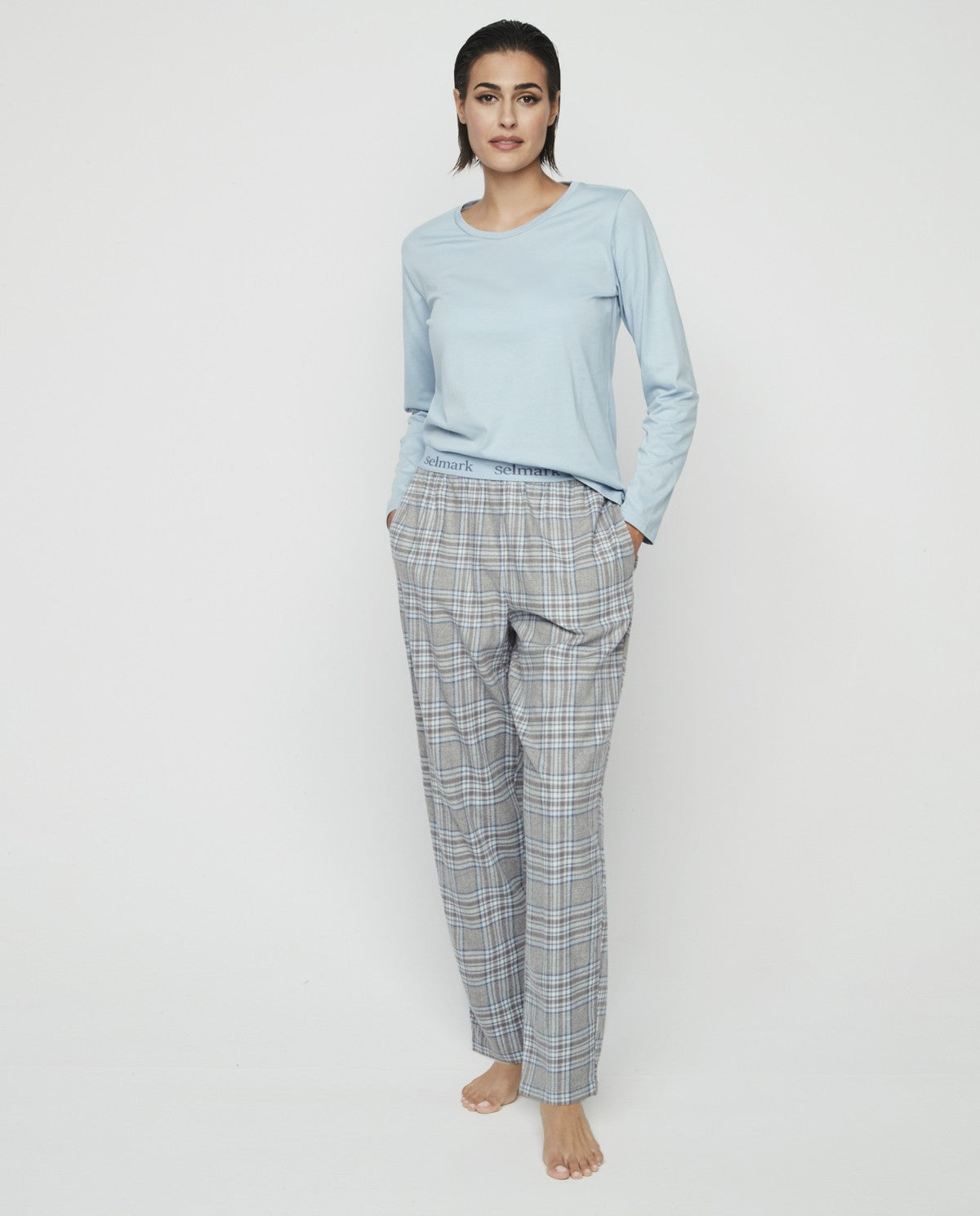 Pijama mujer con camiseta lisa y pantalón franela cuadros SELMARK