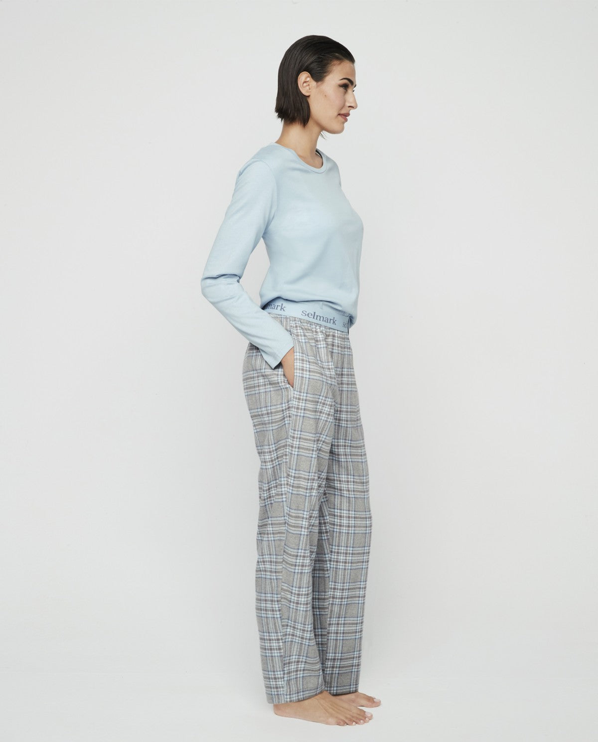 Pijama mujer con camiseta lisa y pantalón franela cuadros SELMARK