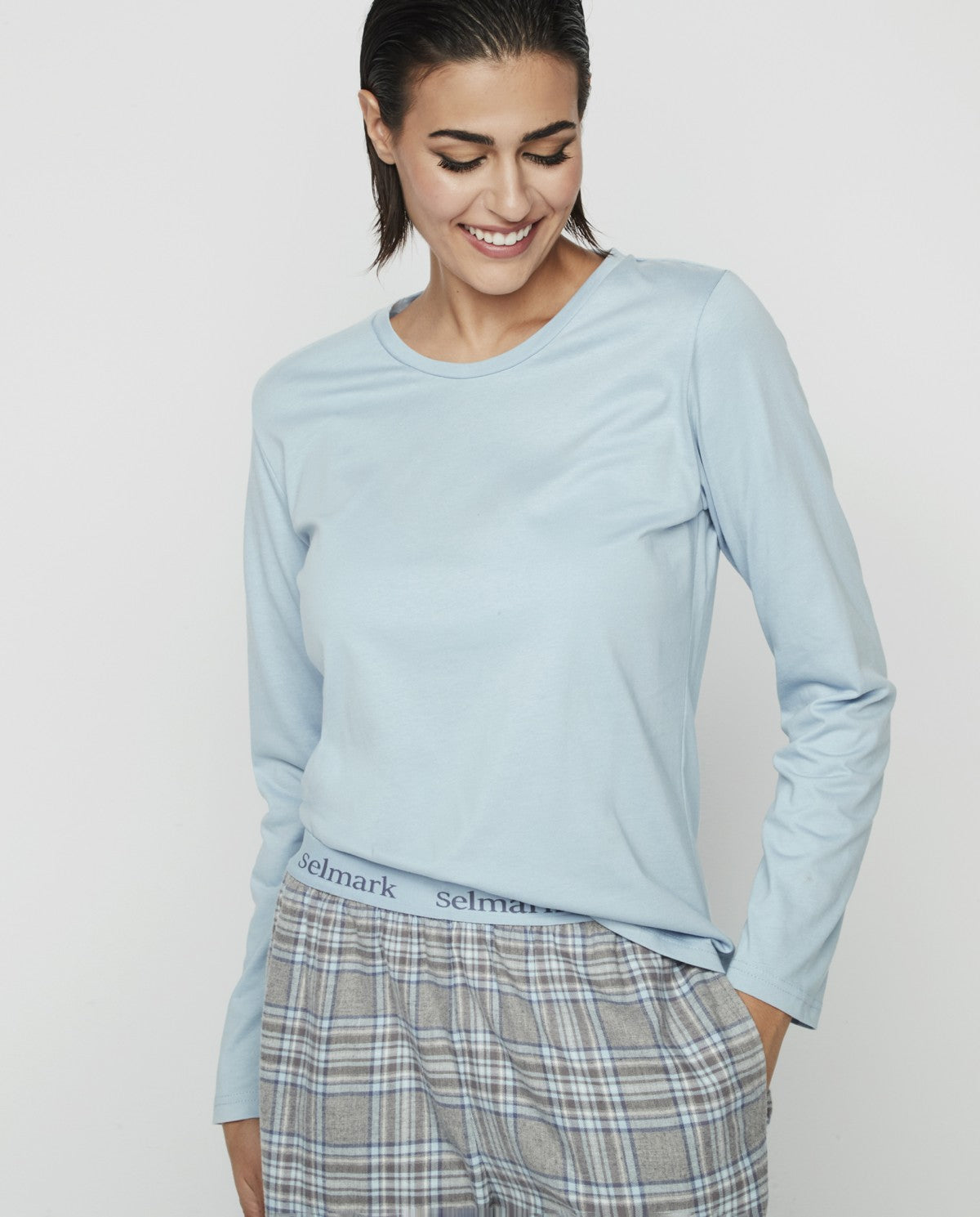 Pijama mujer con camiseta lisa y pantalón franela cuadros SELMARK