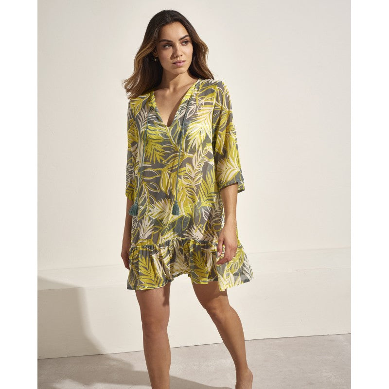 Vestido playero semi transparente tipo blusón en tonos verdes y amarillos SELMARK