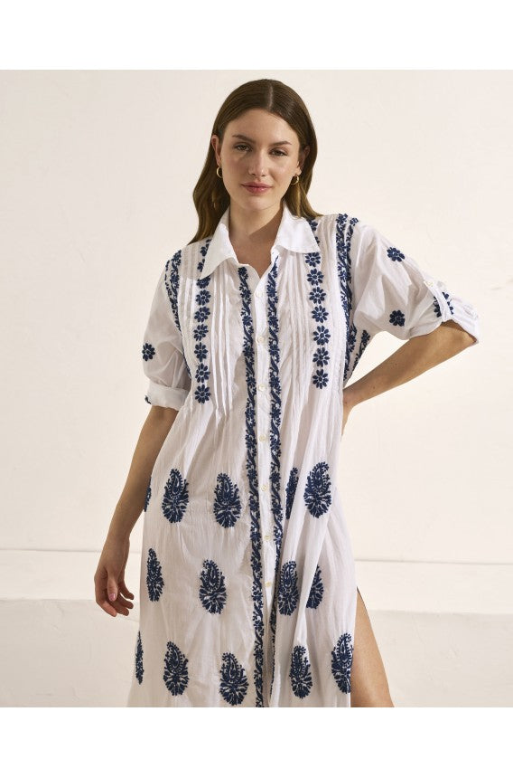 Vestido largo camisero blanco de algodón bordado SELMARK
