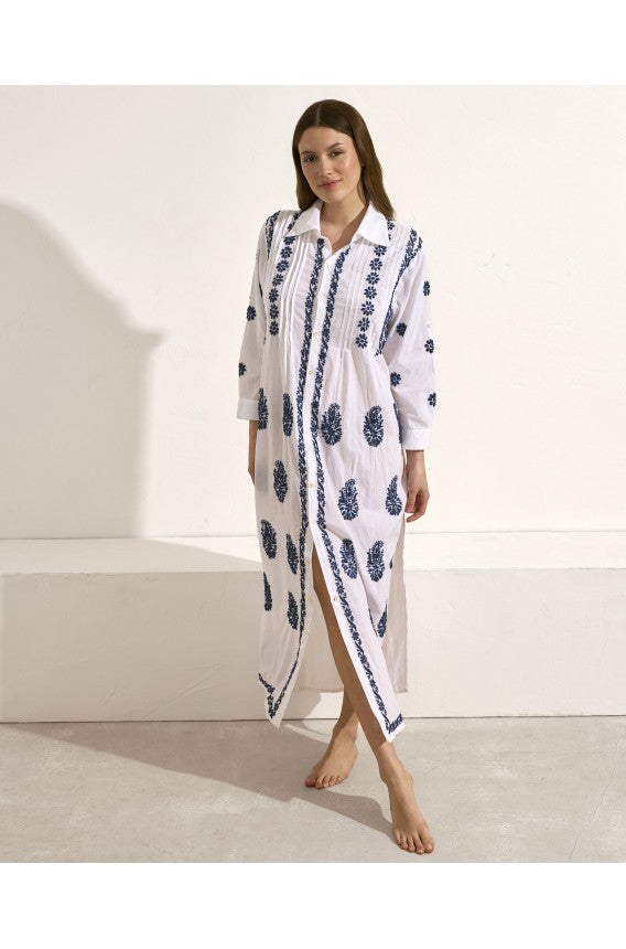 Vestido largo camisero blanco de algodón bordado SELMARK