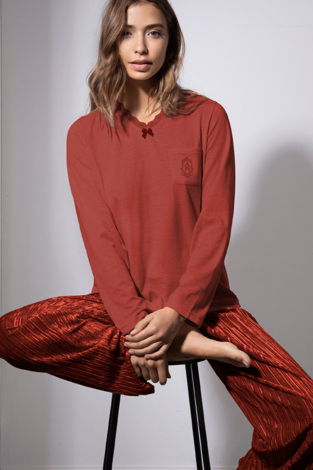 Pijama de mujer de punto y terciopelo plisado NIGHTWOOD de ADMAS