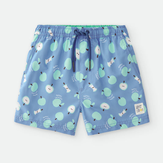 Bañador de niño tipo bermuda SECADO RÁPIDO "Manzanas" AZUL  Waterlemon hasta talla 16 años