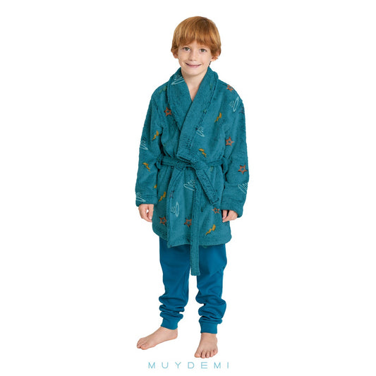 Bata de niño larga y cruzada en tejido de coralina MUYDEMI