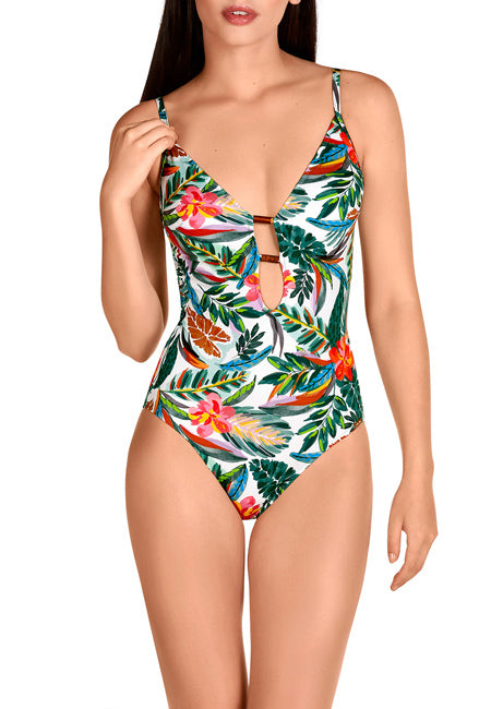 Bañador estampado tropical sin aros con escote profundo Dolores Cortés