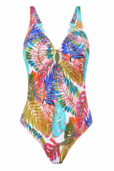 Bañador REDUCTOR sin aros estampado tropical fruncido en escote Dolores Cortés