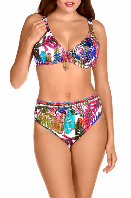 Bikini con aro y fino relleno braga alta estampado hojas Dolores Cortés copa D