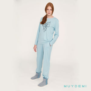 Pijama invierno mujer celeste "Happy" MUYDEMI