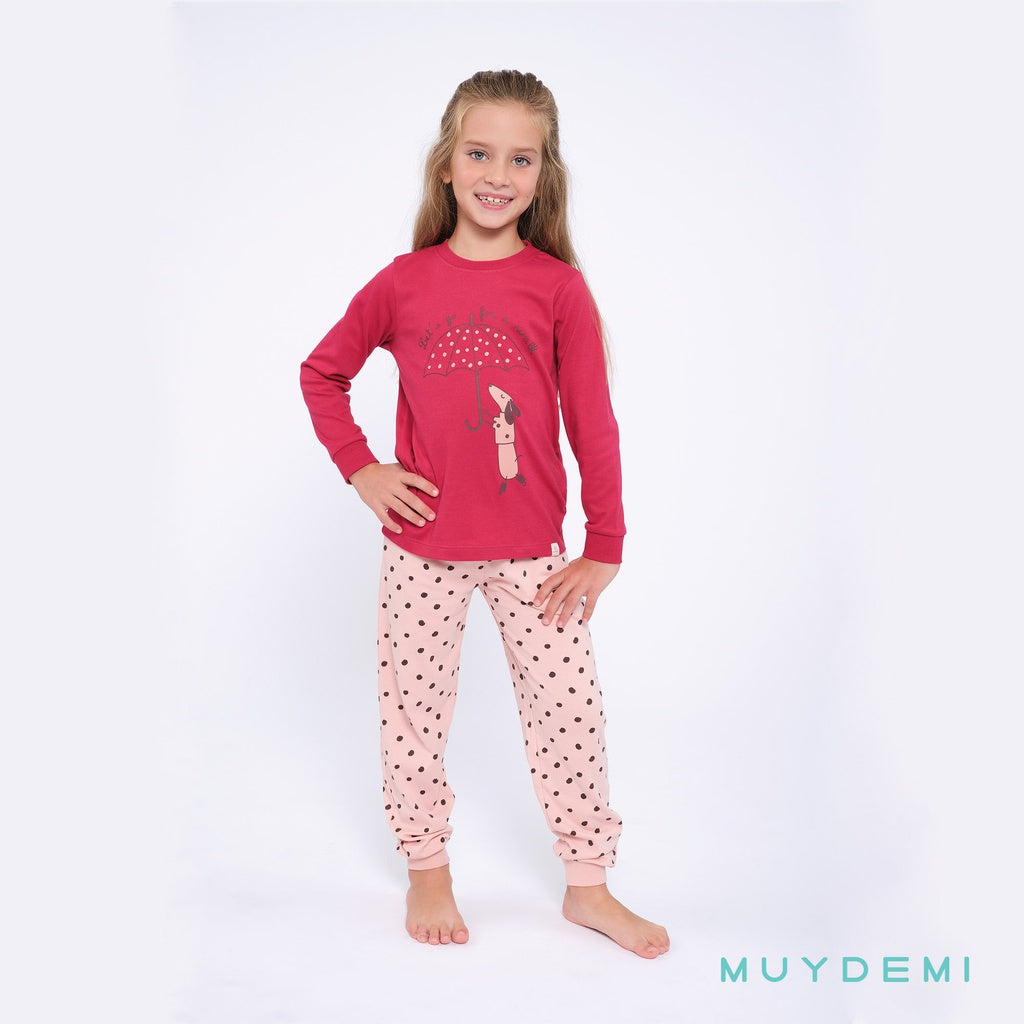 Pijama niña algodón de invierno estampado perrito y paraguas MUYDEMI