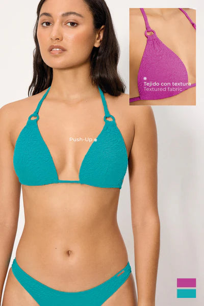 Top bikini triángulo Push Up COMBINABLE turquesa tejido textura YSABEL MORA copa B