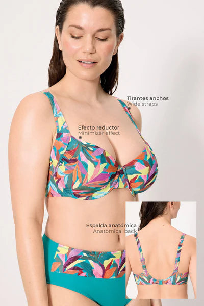 Top bikini reductor con aros estampado hojas COMBINABLE YSABEL MORA copa E